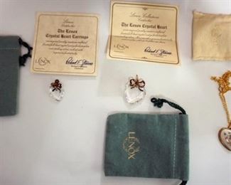 1299 LENOX HEART PENDANT AND EARRING SET, STERLING SILVER WITH CERTIFICATES AND LENOX GOLD TONE HEART PENDANT , BOTH WITH ORIGINAL FELT BAGS