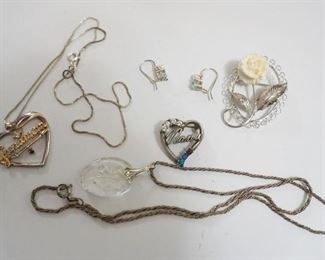 1302 LADIES STERLING SILVER JEWELRY NCLUDING GRANDMOTHER NECKLACE, NANA PIN, CRYSTAL NECKLACE, PEARL AND AQUAMARINE EARRINGS AND FLORAL PIN, .88 TOZ WITH STONES