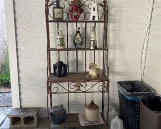 Bakers Rack, cast iron kettle, moonshine jug, and lots more