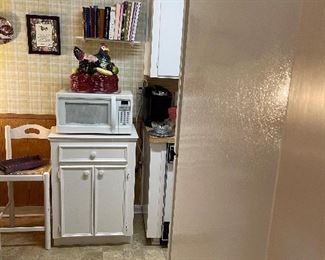 Microwave, cookbooks, Kurig, stool