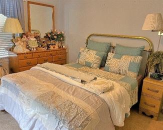 triple dresser with mirror, assorted linens, sheets, comforters, etc