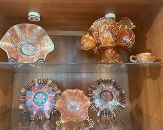 BEAUTIFUL CARNIVAL GLASS IN MERIGOLD, AMYTHEST AND GREEN 