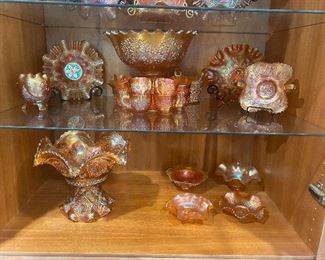 BEAUTIFUL CARNIVAL GLASS IN MERIGOLD, AMYTHEST AND GREEN 