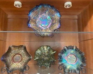 BEAUTIFUL CARNIVAL GLASS IN MERIGOLD, AMYTHEST AND GREEN 