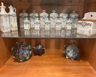 BEAUTIFUL CARNIVAL GLASS IN MARIGOLD, AMYTHEST AND GREEN 