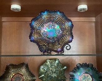 BEAUTIFUL CARNIVAL GLASS IN MERIGOLD, AMYTHEST AND GREEN 