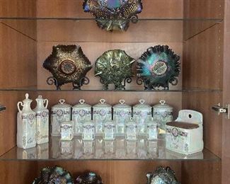 BEAUTIFUL CARNIVAL GLASS IN MERIGOLD, AMYTHEST AND GREEN                                                                                    CANISTERS SOLD