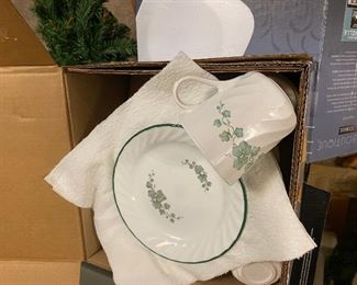 This is a service for 8 in the ivy pattern, plus 2 solid white services for a total of a 10-service set.  Each service include 4 pieces.  They are made by Corelle .  There may actually be an extra cup or dish included that is not listed.  Asking $35 for complete set (3 boxes).  