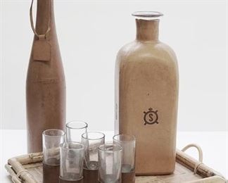 Leather Wrapped Decanter and Shot Glass Set