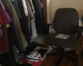 Desk chair, clothes and shoes