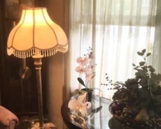 Table lamp and etched glass and wood entry table