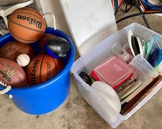 Basketball footballs baseballs storage tubs Tupperware