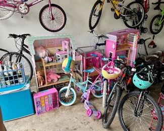 Doll houses, scooters, bicycles, bicycle helmets, mini fridge