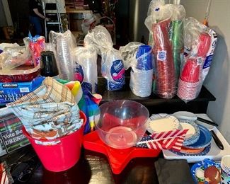 Party supplies, tablecloths, napkins,  plastic utensils, solo cups, buckets 