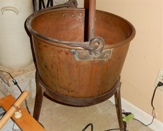 Awesome copper apple butter kettle on stand