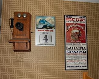 Antique phone, railroad calendar, etc