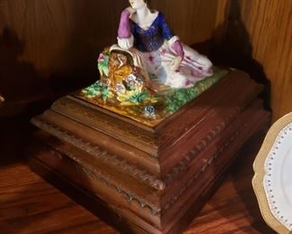 Antique Staffordshire porcelain figurine mounted on wooden box