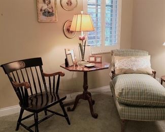 Amherst College armchair, Maitland Smith table and down filled chaise lounge