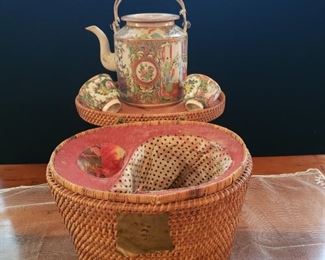 Antique Chinese Rose Medallion tea set in basket