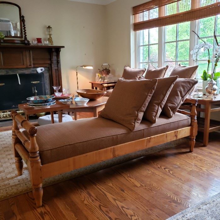 Two antique American hand crafted tiger maple daybeds