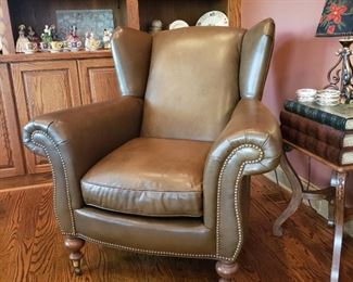 Lee Industries moss green leather armchair