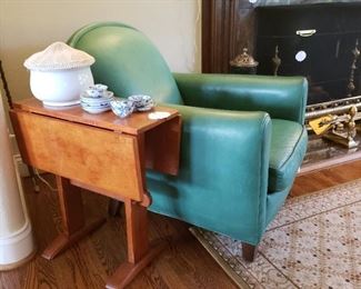 Lee Industries leather armchair with an antique dropleaf tiger maple table