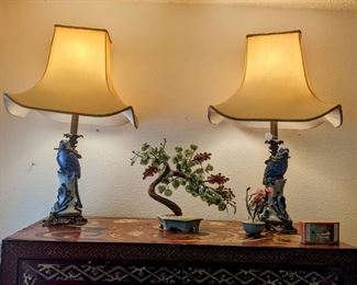 Ceramic bird lamps with complimentary bonsai sculpture 
