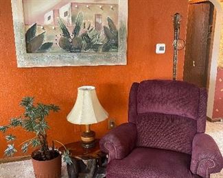Upholstered La-Z-Boy Recliner, Large Southwest Wall Hanging, Hand Carved Wood Slab End Table