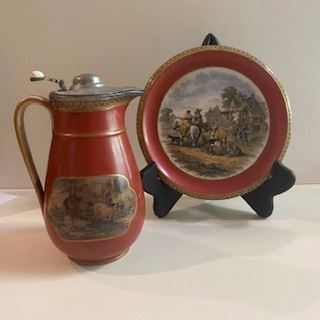 rare syrup pitcher and saucer. transfer ware with three different images, pewter lid 