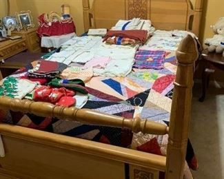 full bed, linens, crazy quilt