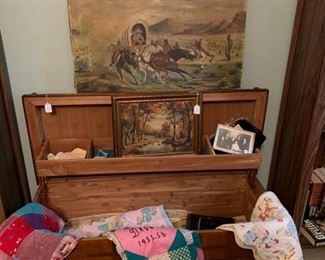 quilts, vintage paintings, cedar hope chest