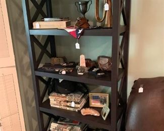 2 bookshelves, military items