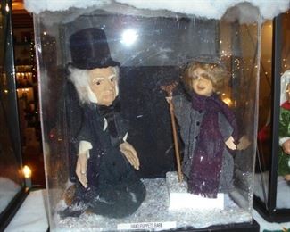 Vintage rare hand puppets in display case Tiny Tim & Scrooge