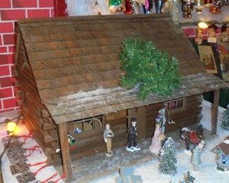 Large wood log cabin / doll house w/furniture