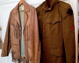 WW 1 army tunic, leather fringe jacket