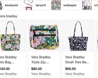 We have about 8 Vera Bradley purses
$35 each