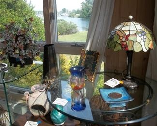 metal & glass table, stained glass lamp