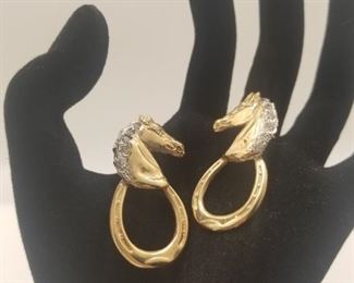 AVAILABLE FOR PRESALE. 14k horse earrings 8.6 dwt. 1/3 ct diamonds.