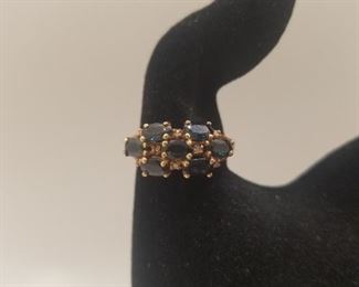 AVAILABLE FOR PRESALE. Ring with 7 5x3 blue Sapphires oval and 8 1.2 mm diamonds, 14k yellow gold stamp.