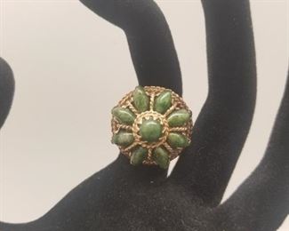 AVAILABLE FOR PRESALE. Large 9 stone Jade ring with 14k stamp. 8 stones are 8x4 mm marquis.