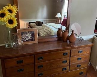 CRAFTSMAN STYLE LONG DRESSER AND MIRROR