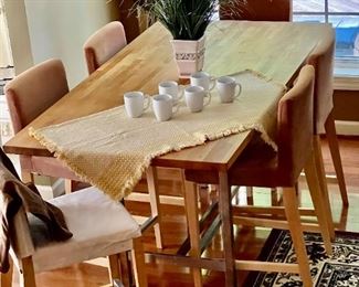 IKEA BUTCHER BLOCK PUB TABLE, 72LX35HX39W,  WITH 6 SLIPCOVER UPHOLSTERED CHAIRS (SEAT HEIGHT 25.5 H) 