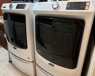 PAIR OF MAYTAG, ELECTRIC FRONT LOAD WASHER AND DRYER WITH DRAWER STAND, 2 YEARS NEW!
