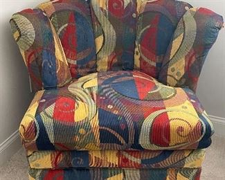 Haverty's Lounge Chair  with beautiful multicolored abstract design upholstery. (3' 4.5" x 2' 11' in x 2' 11")