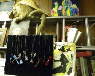 Bow ties, various prints and paintings. 
