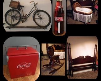*Ladies Arnold Schwin bicycle
* Vintage coca cola cooler
*Vintage wooden rocking house
* Beautiful poster bed
* Bassinet
* Metal Cheerwine thermometer sign