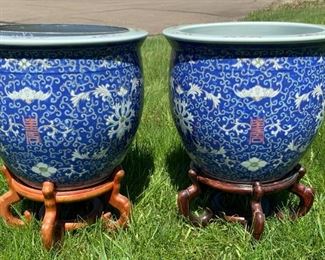 2 Blue Chinese Fishbowl Planters