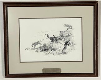 Original James E Bramlett Hoss Hit The End Framed Pen & Ink Sketch  Cowboy/Western Art	Frame: 18.5x22.5in	
