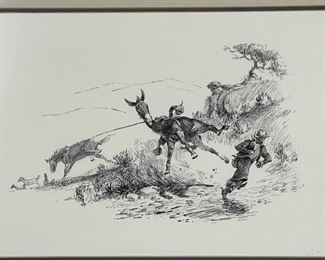 Original James E Bramlett Hoss Hit The End Framed Pen & Ink Sketch  Cowboy/Western Art	Frame: 18.5x22.5in	
