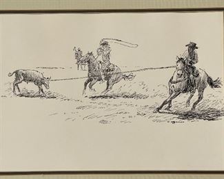 AS-IS Original James E Bramlett Headin’ & Healin’ Framed Pen & Ink Sketch  Cowboy/Western Art	Frame: 22.5x18.5in
